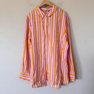 Primark Womens Swim Cover Button Up Shirt Sunset Stripes Large Pink Orange Linen